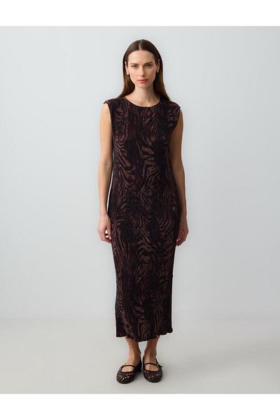 Jimmy Key Bitter Coffee Round Neck Print Sleeveless Knitted Midi Dress