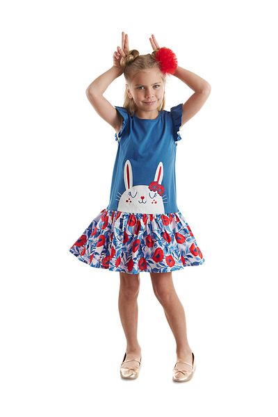 Denokids Rochie cu volane albastre cu flori pentru fetiță