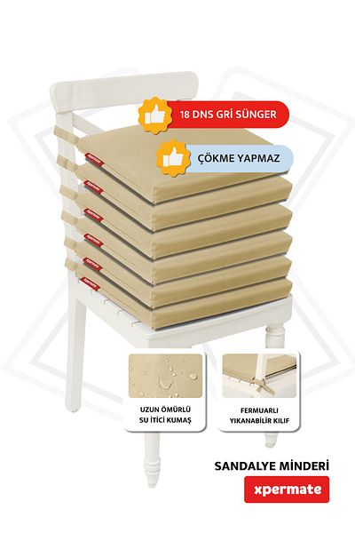 XPERMATE وسادة كرسي مكونة من 6 قطع بسحاب قماش طارد للماء مقاس 40 × 40 سم وسادة كرسي إسفنجية مربوطة باللون البيج