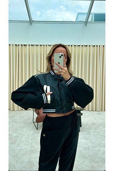 QİMYA BUTİK BEBE PLUS Kadın Hakim Yaka Ribanalı Kolları Kaşe Vatkalı Suni Deri Crop Pilot Mont