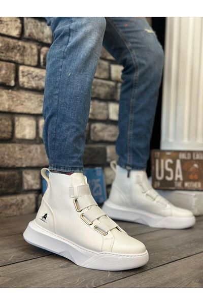 Byshoes BA0142 Banded Men's High Sole White Sports Boots