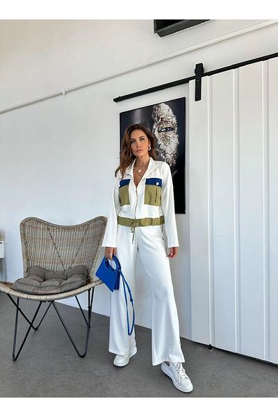 QİMYA BUTİK Klein Women's Tunnel Waist Pocket Sweat and Striped Trousers Design Double Set