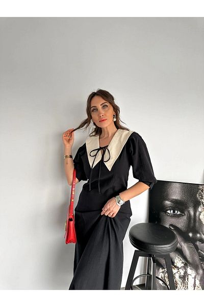 QİMYA BUTİK Γυναικείο λινό μωρό γιακά με μπαλόνι μακρύ φόρεμα QİMENE