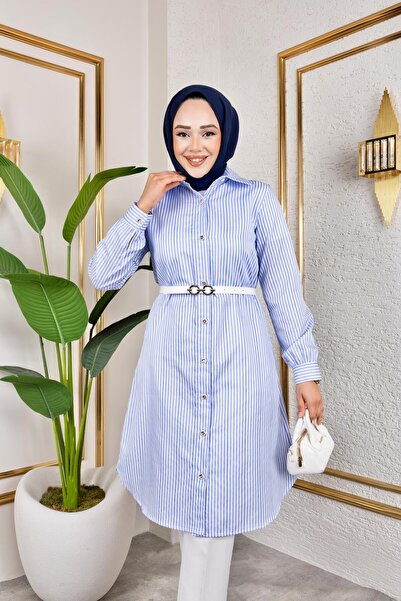 HARMAN BUTİK Ριγέ λινό πουκάμισο με ζώνη