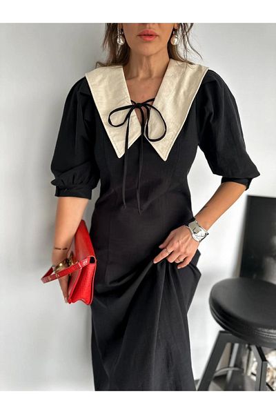 QİMYA BUTİK Γυναικείο λινό μωρό γιακά με μπαλόνι μακρύ φόρεμα QİMENE