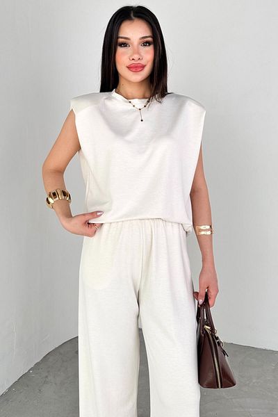 Cappmoda Tkm-13301 Ecru Padded Blouse & Elastic Waist Loose Trousers Set of Two