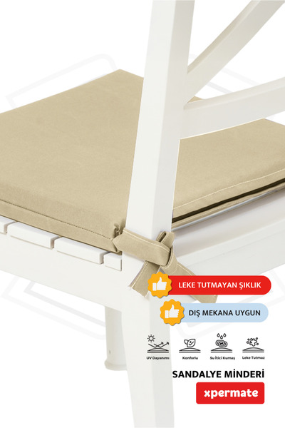XPERMATE Fermuarlı 6'lı Sandalye Minderi Su Itici Kumaş 40x40 Cm Sünger Sandalye Minderi Bağcıklı Bej