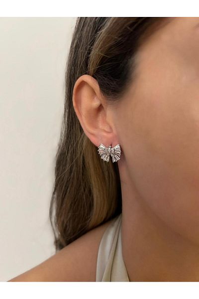 biralışveriş Zircon Stone Bow Model Steel Earrings