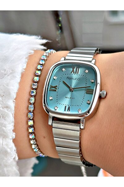 Ferrucci Gümüş Renk Kare Roma Rakamlı Model Garantili Kadın Kol Saati + BİLEKLİK