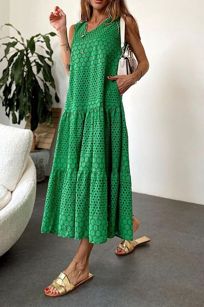 Suzi Rochie verde cu scoici, 100% bumbac, fără mâneci, lungime midi 26096