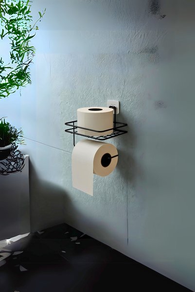 Kitchen Store Black Metal Adhesive Toilet Paper Holder with Shelf |   Modern Bathroom Accessory Metal Toilet Roll Holder