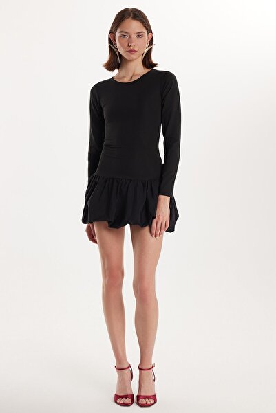 Tudors Kadın Slim Fit Dar Kesim Uzun Kollu Bisiklet Yaka Mini Siyah Elbise