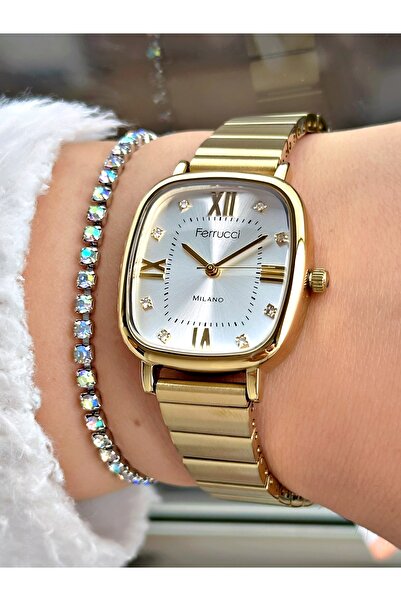 Ferrucci Altın Renk Kare Roma Rakamlı Model Garantili Kadın Kol Saati + BİLEKLİK