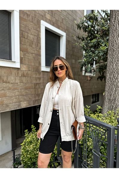 EGZOTİK ASORTİK Exotic Assortic Linen Look Low Sleeve Bass Length Bomber Long Jacket