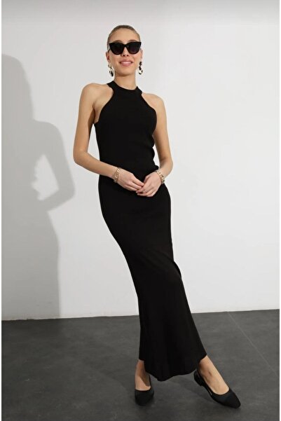 QİMYA BUTİK Keyymod Women's Halter Neck Below Knee Thin Back Cross Knitwear Dress