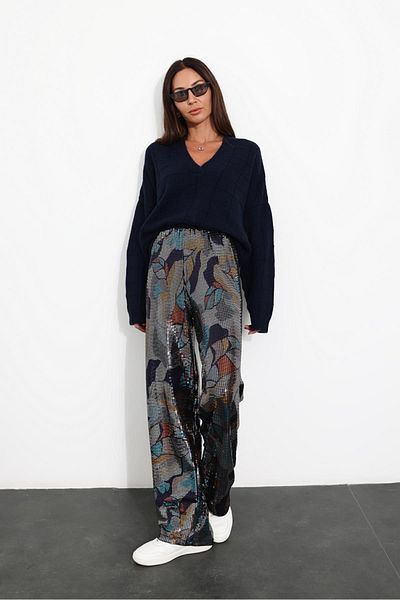 BEBE PLUS Pantaloni de damă, argintii și turcoaz, cu talie elastică, din Lycra, strălucitori