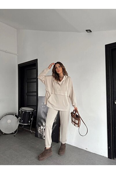 EGZOTİK ASORTİK Costum dublu texturizat modal de buzunar cu glugă pentru femei