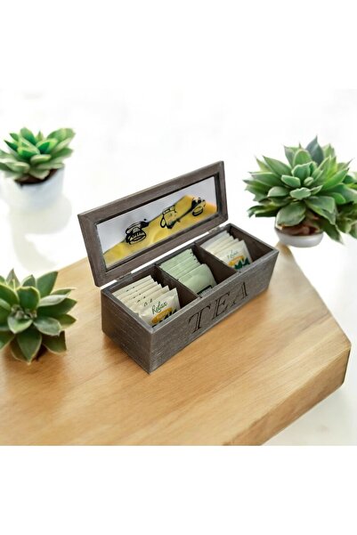 AHİR TİCARET Bambu-Ahşap 3 Bölmeli Kapaklı Çay Kutusu