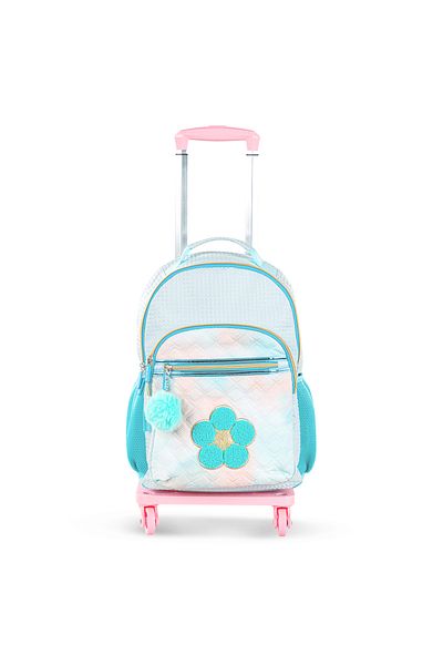 Eazy Kids مجموعة من 4 حقائب ظهر مقاس 18 بوصة مع عربة بأربع عجلات وحقيبة غداء وحافظة أقلام - لون أخضر فلورا