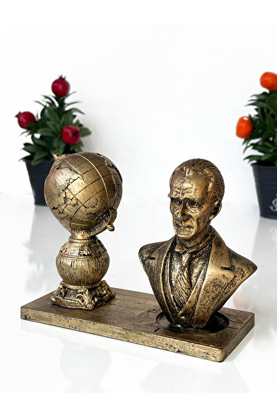 Teknookul Atatürk ve Dünya Küresi Figürü | Dekoratif Anı ve Masa Üstü Biblo Hediyelik Eşya Gold Renk