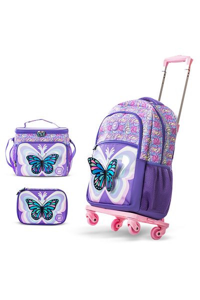 Eazy Kids مجموعة من 4 حقائب ظهر مقاس 18 بوصة مع عربة بأربع عجلات وحقيبة غداء وحافظة أقلام - فراشة ثلاثية الأبعاد بنفسجية