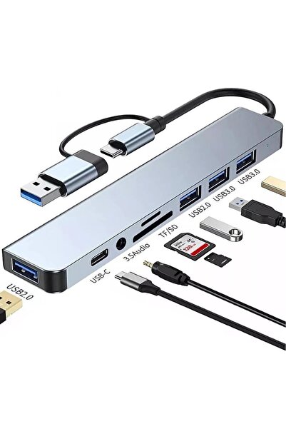 Arduino 8 in 1 Type-C USB Hub Çoklayıcı | USB 3.0, USB 2.0, SD, TF, Ses, Type...