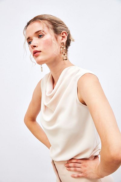 Sateen Plunging Neck Sleeveless Blouse