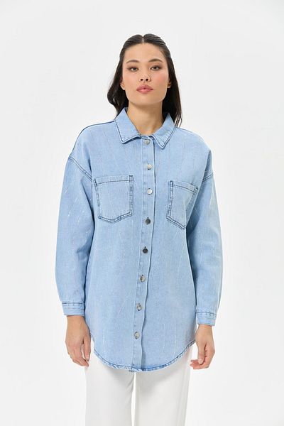 Esswaap Jachetă de blugi cu buzunar dublu cu broderie de piatră, albastră