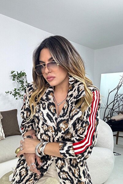 QİMYA BUTİK Bebe Plus Women's Ribbon Detailed Unlined Leopard Pattern Oversize Jacket