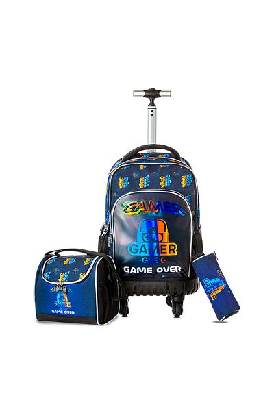 Eazy Kids مجموعة عربة مدرسية بأربع عجلات مقاس 18 بوصة مع حقيبة غداء وحافظة أقلام - إصدار Gamer