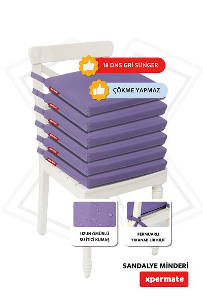 XPERMATE 6-Piece Zippered Chair Cushion - Water Repellent Fabric, 40X40 Cm, Sponge Laces, Purple