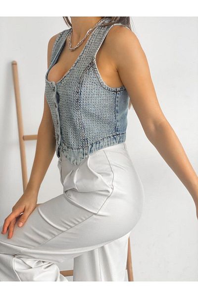 QİMYA BUTİK Shiny Staple Jewelled OREO Women's Denim Vest