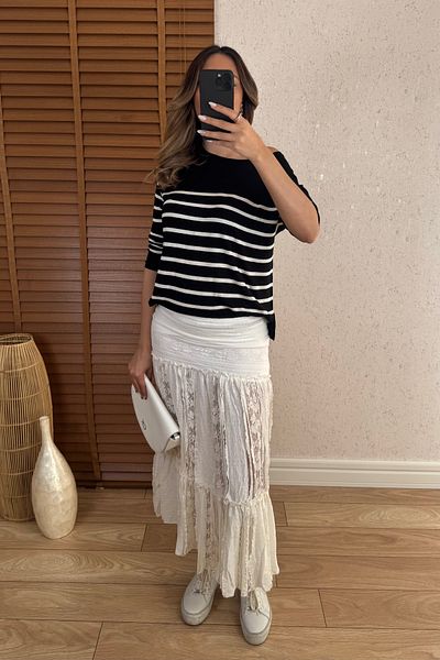 Mucios Rustic Lace Detail Ecru Midi Skirt