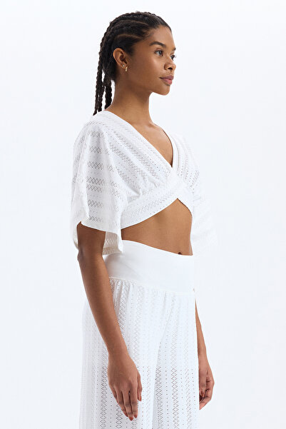 COMEUP Jacquard Hole Patterned Bat Sleeve Crop Top White