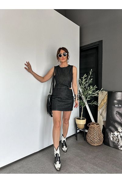 QİMYA BUTİK KLEIN Women's - Sleeveless Short Jeans Dress with Window Detail on Waist