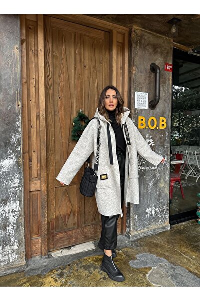 Robin ROBIN Women's Hooded Bag Pocket Unlined Lightweight Boucle Eyebrow Oversize Coat