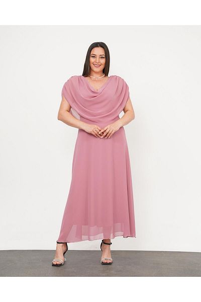 Butik Nilyam فستان سهرة طويل شيفون بياقة ثنيات وكتف للنساء مقاس كبير 24775