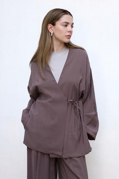KADRİYE BAŞTÜRK Wrap Modal Shirt Pants Set Soil