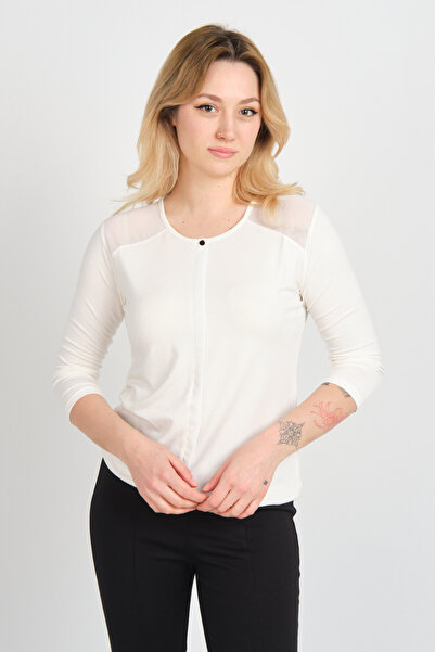 Sistas Women's Shoulder and Arms Tulle Detailed Elastic Waist Three Quarter Sleeve Blouse 23321 Ecru