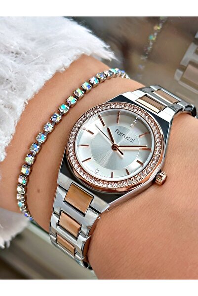 Ferrucci Rose Gold Gümüş Renk Minimalist Taşlı Model Kadın Kol Saati + BİLEKLİK