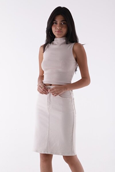 RICHMOST Mid-Length Classic Style Women's Denim Skirt with Pockets and Unlined Regular Waist Beige- Natural Denim