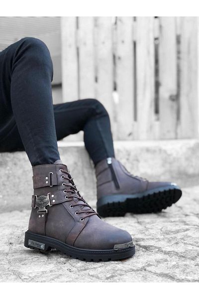 Byshoes BA0080 Gladiator Zippered Buckle Brown Men's Classic Sports Classic Half Ankle Boots