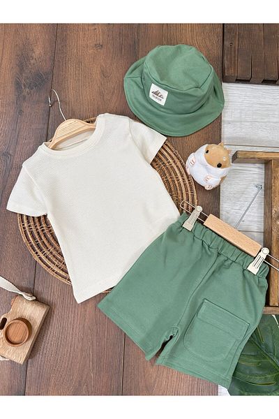 Baby Waka Hat, Shoulder Snap Fastener, Badi Pocket Detailed Shorts, Summer Baby Boy Suit