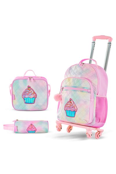 Eazy Kids مجموعة من 4 حقائب ظهر مقاس 17 بوصة مع عربة بأربع عجلات وحقيبة غداء وحافظة أقلام - لون وردي سكري