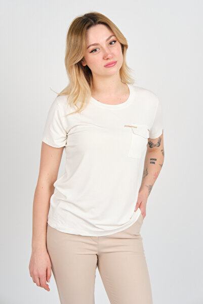 Sistas Women's Cover Pocket Crew Neck Short Sleeve Blouse 4144 Ecru