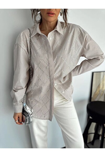 QİMYA BUTİK Γυναικείο ριγέ πέτρινο κεντημένο κομψό πουκάμισο KLEIN