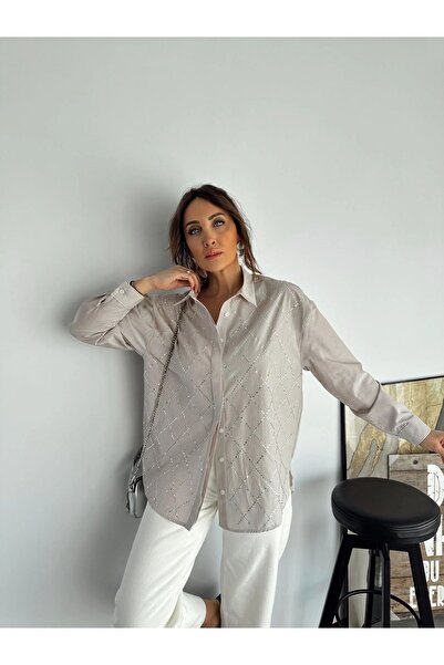 QİMYA BUTİK Γυναικείο ριγέ πέτρινο κεντημένο κομψό πουκάμισο KLEIN