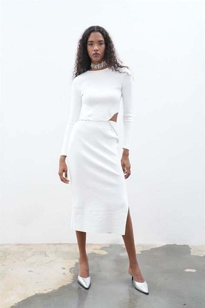 RICHMOST Women's Skirt Blouse Set with Low-Cut Back and Chain Detail Slit Slim Fit (2 Pieces) Ecru
