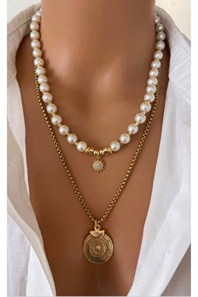 TARZ-I TAKI İKİLİ KOLYE SETİ Çelik Zincir Inci Zirkon Taşlı Kolye Ucu Gold Ka...