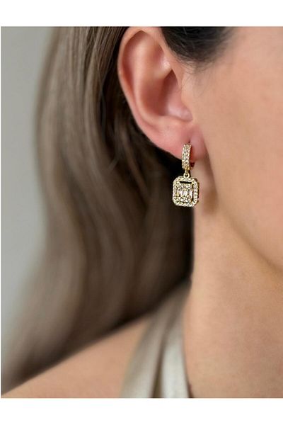 biralışveriş Zircon Stone Baguette Model Steel Earrings